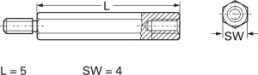 Hexagonal spacer bolt, External/Internal Thread, M2.5/M2.5, 5 mm, brass