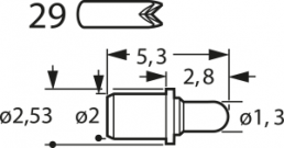 Short stroke test pin with probe, Quadruple-crown, Ø 2.53 mm, travel  1.2 mm, pitch 2.7 mm, L 5.3 mm, F70629B130G200
