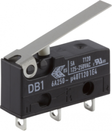 Subminiature snap-action switch, On-On, solder connection, hinge lever, 0.6 N, 5 A/125 VAC, 1 A/48 VDC, IP50