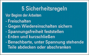 Information sign, text: "5 Sicherheitsregeln", (W) 200 mm, plastic, 080.30-6-120X200-O