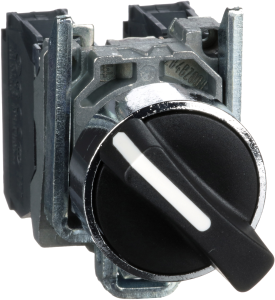 Selector switch, latching, 1 Form A (N/O) + 1 Form B (N/C), waistband round, black, front ring silver, 2 x 90°, mounting Ø 22 mm, XB4BD25