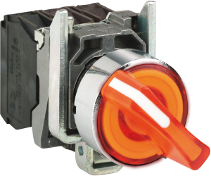 Selector switch, illuminable, latching, 1 Form A (N/O) + 1 Form B (N/C), waistband round, orange, front ring silver, 2 x 90°, mounting Ø 22 mm, XB4BK125G5