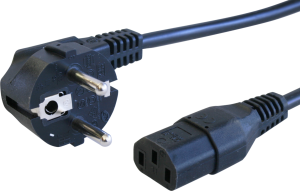 Device connection line, Europe, plug type E + F, angled on C13 jack, straight, FSchH05VV-F3G1.0mm², black, 2.5 m