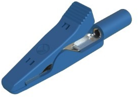 Miniature alligator clip, blue, max. 4 mm, L 41.5 mm, CAT O, socket 2 mm, MA 1 BL