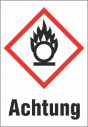 Hazardous goods sign, symbol: GHS03/text: "Achtung", (W) 37 mm, plastic, 013.25-9-52X37-V / 16 ST.