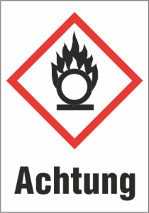 Hazardous goods sign, symbol: GHS03/text: "Achtung", (W) 26 mm, plastic, 013.25-9-37X26-W1 / 36 ST