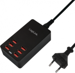 USB desktop charger, Euro plug to 6x USB-A socket, 6.4 A, black