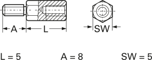 Hexagonal spacer bolt, External/Internal Thread, M2.5/4-40 UNC, 5 mm, steel