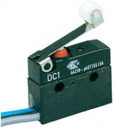 Subminiature snap-action switch, On-On, stranded wires, roller lever, 0.9 N, 6 A/250 VAC, IP67