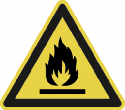 Warning sign, symbol: flames, Ø 100 mm, plastic, 027.01-9-100-W1