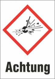 Hazardous goods sign, symbol: GHS01/text: "Achtung", (W) 26 mm, plastic, 013.21-9-37X26-W1 / 36 ST