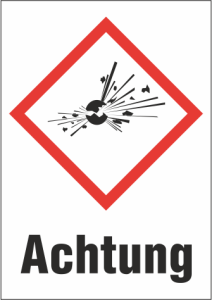 Hazardous goods sign, symbol: GHS01/text: "Achtung", (W) 37 mm, plastic, 013.21-9-52X37-V / 16 ST.