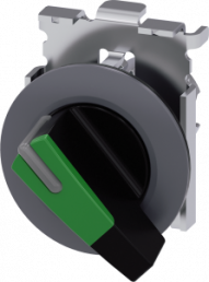 Toggle switch, illuminable, latching, waistband round, green, front ring gray, 90°, mounting Ø 30.5 mm, 3SU1062-2EF40-0AA0