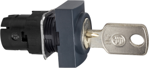 Key switch, unlit, latching, waistband rectangular, front ring black, trigger position 0 + 1, mounting Ø 16 mm, ZB6DGB