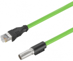 Sensor actuator cable, M12-cable plug, straight to RJ45-cable plug, straight, 4 pole, 1 m, PUR, green, 4 A, 2450490100