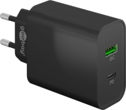 USB socket charger, Euro plug to USB-A socket, USB-C socket, 3 A, black