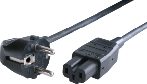 Device connection line, Europe, plug type E + F, angled on C15A jack, straight, H05RR-F3G1.0mm², black, 2 m