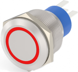 Pushbutton switch, 1 pole, silver, illuminated  (red), 5 A/250 V, mounting Ø 22.2 mm, IP67, 2-2213772-7