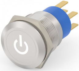 Switch, 2 pole, silver, illuminated  (white), 0.4 A/250 VAC, mounting Ø 19.2 mm, IP67, 6-2213766-2