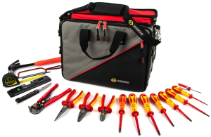 1x Technician Bag, 1x Combination Cutter, 1x Combination Plier, 1x Snipe Nose Plier, 7x Screwdrivers, 1x Electrician's Knife, 1x Automatic Wire Stripper, 1x Tape Measure, 1x Junior Hacksaw, 1x Pocket Level, 1x Re-Threading Tool, 1x Claw Hammer, T5982