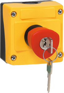 Emergency stop key switch in the enclosure, 1 emergency stop pushbutton red with key, 1 Form B (N/C), latching, LBX11201