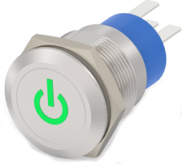Pushbutton switch, 1 pole, silver, illuminated  (green), 5 A/250 V, mounting Ø 19.2 mm, IP67, 3-2213766-5