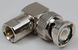 Coaxial adapter, 50 Ω, FME plug to BNC plug, angled, 0412013