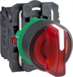 Selector switch, latching, 1 Form A (N/O) + 1 Form B (N/C), waistband round, red, front ring black, 3 x 45°, mounting Ø 22 mm, XB5AK134B5