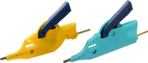 Miniature clamp test probe, green/yellow, max. 0.8 mm, L 30 mm, CAT O, pin 0.73 mm, KLEPS FB 2B