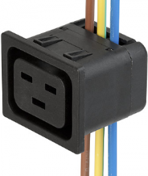 Built-in appliance socket J, 3 pole, snap-in, solder connection, 6.0 mm², black, 4710.1154