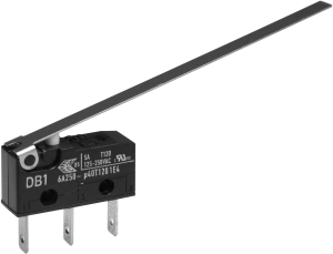 Subminiature snap-action switch, On-On, plug-in connection, long hinge lever, 0.18 N, 6 A/250 VAC, IP50