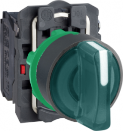 Selector switch, unlit, latching, 1 Form A (N/O) + 1 Form B (N/C), waistband round, green, front ring black, 3 x 45°, mounting Ø 22 mm, XB5AK133B5