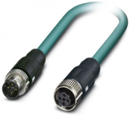 Network cable, M12-plug, straight to M12 socket, straight, Cat 5, SF/UTP, PUR, 0.5 m, blue
