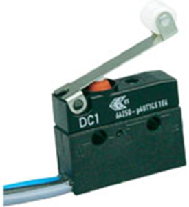 Subminiature snap-action switch, On-On, stranded wires, roller lever, 0.8 N, 6 A/250 VAC, IP67