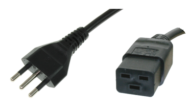 Power cord, Italy, Plug Type L, straight on C19-connector, straight, H05VV-F3G1.5mm², black, 2.5 m