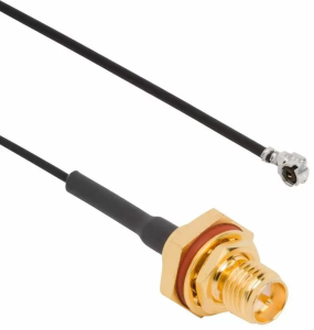 Coaxial Cable, SMA jack (straight) to AMC plug (angled), 50 Ω, 1.13 mm micro cable, grommet black, 150 mm, 336312-12-0150