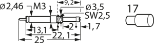 Switching test probe, flathead, Ø 2.46 mm, travel  5 mm, pitch 4 mm, L 25 mm, F88717B200G150