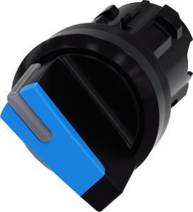 Toggle switch, illuminable, latching, waistband round, blue, front ring black, 90°, trigger position 0 + 1, mounting Ø 22.3 mm, 3SU1002-2BF50-0AA0