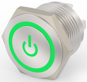Pushbutton, 1 pole, silver, illuminated  (green), 0.4 A/36 V, mounting Ø 16 mm, IP67, 2213775-7