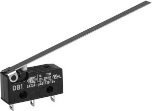 Subminiature snap-action switch, On-On, solder connection, long hinge lever, 0.18 N, 5 A/125 VAC, 1 A/48 VDC, IP50