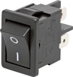 Rocker switch, black, 2 pole, On-Off, off switch, 4 (1) A/250 VAC, IP40, unlit, printed