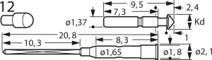 Short stroke test pin with probe, round head, Ø 1.37 mm, travel  1.2 mm, pitch 2.54 mm, L 20.8 mm, F67012B200G085