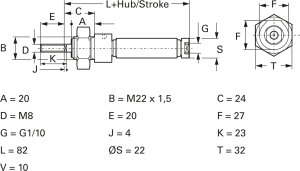 Miniature cylinder, single-acting, 1.5 to 10 bar, Kd. 20 mm, Hub 50 mm, 27.15.050