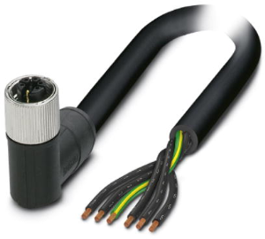 Sensor actuator cable, M12-cable socket, angled to open end, 6 pole, 1.5 m, PVC, black, 8 A, 1414903