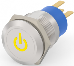 Switch, 1 pole, silver, illuminated  (yellow), 0.4 A/250 VAC, mounting Ø 19.2 mm, IP67, 3-2213766-0