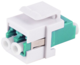 Fiber optic connector, LC duplex socket to LC duplex socket, OM3, multimode, ceramic, aquamarine, BS08-10202