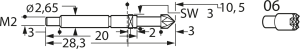 Threaded probe, waffle, Ø 2.65 mm, travel  5 mm, pitch 4 mm, L 28.3 mm, F73306B400G300
