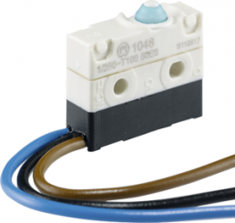 Subminiature snap-action switch, On-Off, stranded wires, pin plunger, 2.6 N, 3 (3) A/250 VAC, IP67