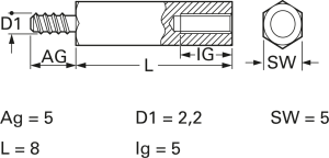 Hexagonal spacer bolt, External/Internal Thread, M2.5, 8 mm, brass