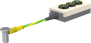 POAG connection cable with (POAG socket, spring-loaded, angled) to (3 x POAG panel socket, straight), 1 m, green/yellow, PVC, 6.0 mm²